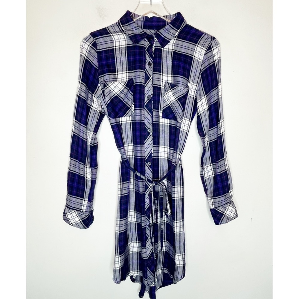 Rails Nadine Plaid Button Down Dress Belted Blue Purple White Size S